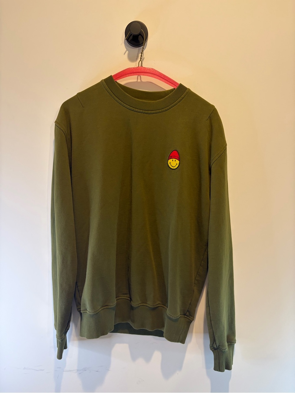 Ami Alexandre Mattiussi Olive Green Crewneck Sweater with Smiley Patch